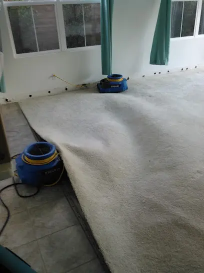 Carpet pulled back and an air mover drying a Laguna Hills room